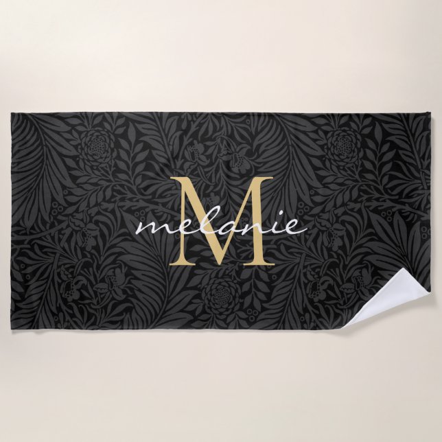 Elegantes Black Gold Floral Script Monogram Strandtuch (Vorderseite)