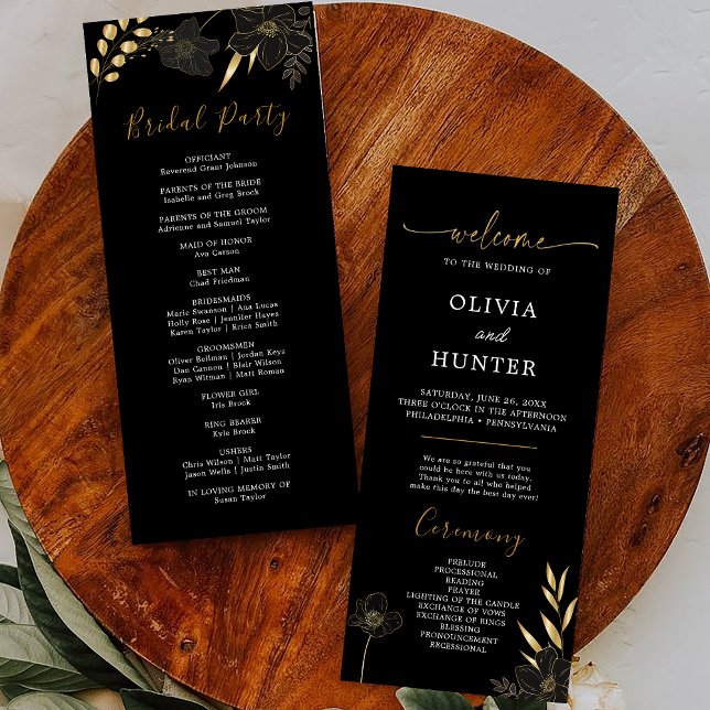Elegantes Black & Gold Floral Wedding Party Progra Programm (Von Creator hochgeladen)
