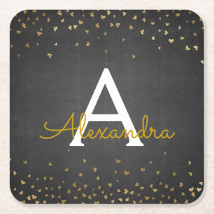 Elegantes Black - Gold Foil Confetti Monogramm Rechteckiger Pappuntersetzer