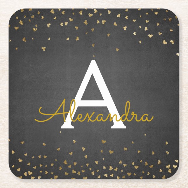 Elegantes Black - Gold Foil Confetti Monogramm Rechteckiger Pappuntersetzer (Vorderseite)