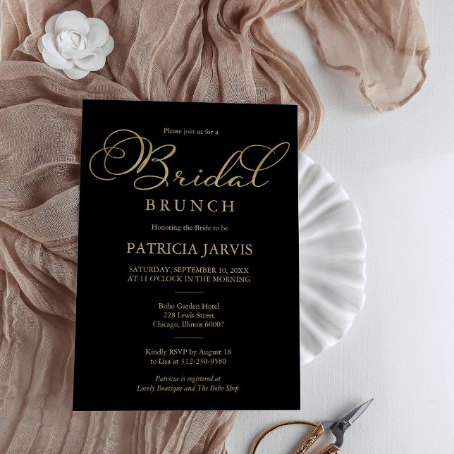 Elegantes Black Gold Foil Script Bridal Brunch Einladung (Von Creator hochgeladen)