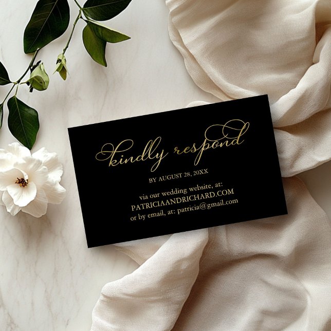 Elegantes Black Gold Foil Skript Hochzeit Online-U Visitenkarte (Von Creator hochgeladen)