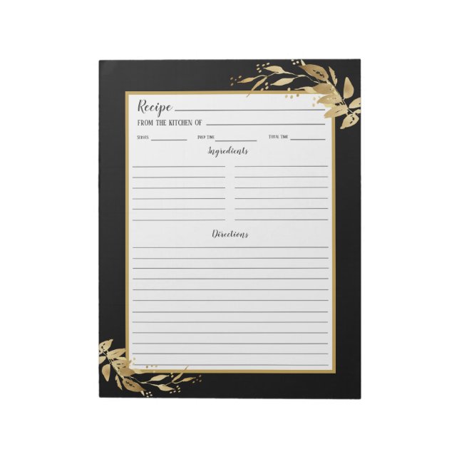 Elegantes Black Gold Foliage Recipe Notepad Notizblock (Rotiert)