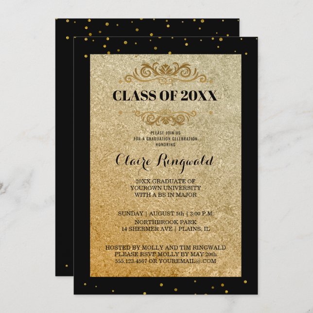 Elegantes Black Gold Formal Uni-Abschluß Party Einladung (Vorne/Hinten)