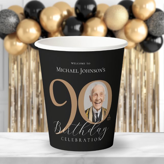 Elegantes Black Gold Foto 90. Geburtstag Pappbecher (Elegant Black Gold Photo 90th Birthday Paper Cups)