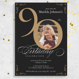 Elegantes Black Gold Foto Custom 90. Geburtstag Einladung