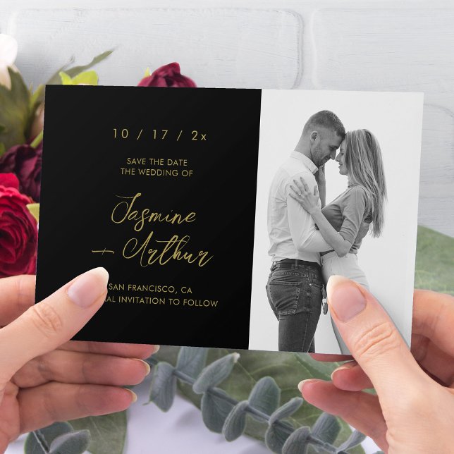 Elegantes Black & Gold Foto Save the Date Einladung (Elegant Black & Gold Photo Save the Date Invitatio)