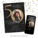 Elegantes Black Gold Foto Überraschung 50. Geburts Einladung<br><div class="desc">Elegantes Black Gold Foto Überraschung 50. Geburtstag Einladung. Und elegant gestaltete,  besondere Geburtstagsfeier-Einladung,  mit einem individuellen Foto von Geburtstagsmenschen und Drehkalligraphie mit Vintagen blühend Elementen. Einfach genug,  um eine Vielzahl von Themen und Farben anzupassen! Brauchst du Hilfe? Kontaktieren Sie mich einfach!</div>