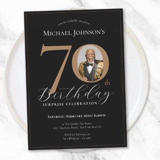 Elegantes Black Gold Foto Überraschung 70. Geburts Einladung