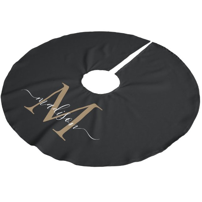 Elegantes Black Gold Girly Monogramm Elegantes Skr Polyester Weihnachtsbaumdecke (Schrägansicht)