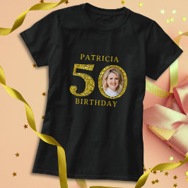 Elegantes Black Gold Glitzer 50. Geburtstag Foto T-Shirt