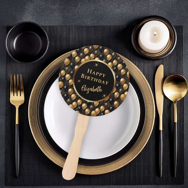 Elegantes Black Gold Glitzer Balloons Muster A021 Fächer (Elegant Black and Gold Faux Glitter Balloons Patterned "Happy Birthday" Hand Fan)