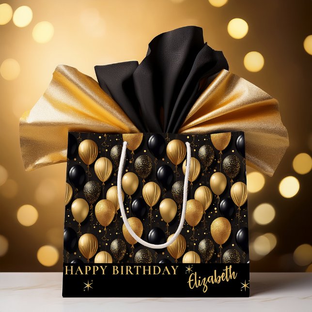 Elegantes Black Gold Glitzer Balloons Muster A021 Große Geschenktüte (Elegant Black and Gold Faux Glitter Balloons Pattern A021 "Happy Birthday" [Name] Large Gift Bag)