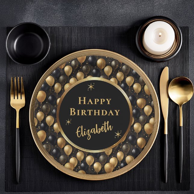 Elegantes Black Gold Glitzer Balloons Muster A021 Pappteller (Elegant Black and Gold Faux Glitter Balloons Pattern A021 "Happy Birthday" [Name] Paper Plates)