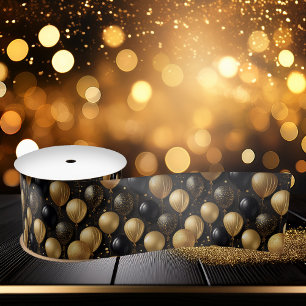 Elegantes Black Gold Glitzer Balloons Muster A021 Satinband