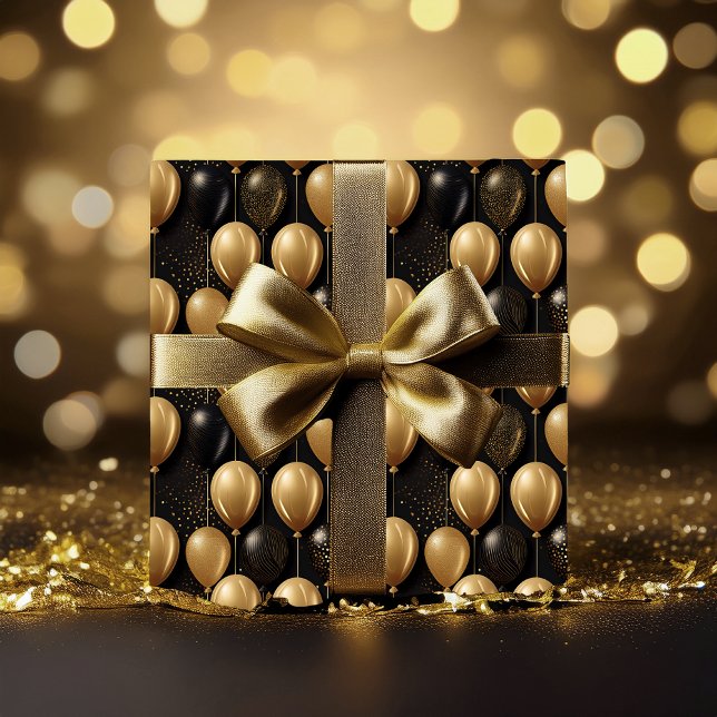 Elegantes Black Gold Glitzer Balloons Muster A023 Geschenkpapier (Elegant and Festive Black and Faux Gold Glitter Balloons Pattern A023 Wrapping Paper )
