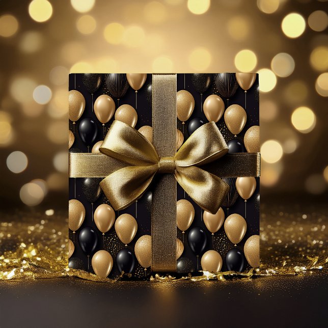 Elegantes Black Gold Glitzer Balloons Muster A025 Geschenkpapier (Elegant and Festive Black and Faux Gold Glitter Balloons Pattern A025 Wrapping Paper)