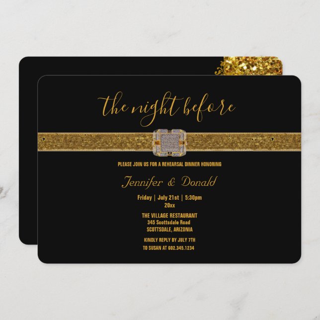 Elegantes Black Gold Glitzer Brooch Probe Dinner Einladung (Vorne/Hinten)