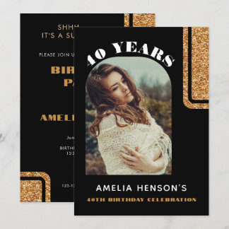 Elegantes Black Gold Glitzer Foto 40. Geburtstag Einladung