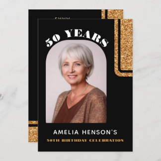 Elegantes Black Gold Glitzer Foto 50. Geburtstag Einladung