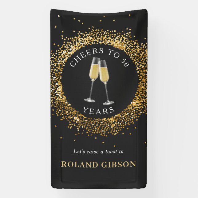 Elegantes Black & Gold Glitzer Geburtstagsbanner Banner (Vertikal)