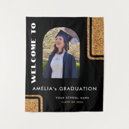 Elegantes Black Gold Glitzer Graduate Foto Willkom Wandteppich