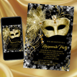 Elegantes Black Gold Glitzer Masquerade Party Einladung