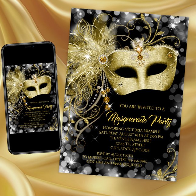 Elegantes Black Gold Glitzer Masquerade Party Einladung (Black and gold masquerade party invitation with jewel gold mask. Print and download available.)