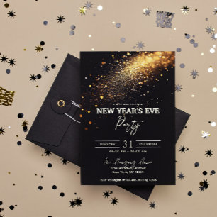 Elegantes Black Gold Glitzer Silvester Party Einladung