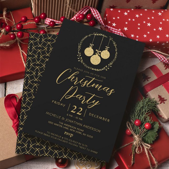 Elegantes Black Gold Glitzer Wreath Party Einladung (Elegant Black Gold Glitter Wreath Christmas Party Invitation)
