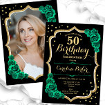 Elegantes Black Gold Green Foto 50. Geburtstag Einladung<br><div class="desc">Elegante florale Einladung zum 50. Geburtstag mit Ihrem Foto auf der Kartenrückseite. Glam schwarz und smaragdgrün Design mit Imitaten Glitzer Gold. Enthält grüne Rose, Skript-Schriftart und Konfetti. Ideal für ein stilvolles Party für Erwachsene. Personalisieren Sie Ihre persönlichen Daten. Kann für jedes Alter angepasst werden! Gedruckte Zazzle Einladungen oder Sofortdownload digitalen...</div>