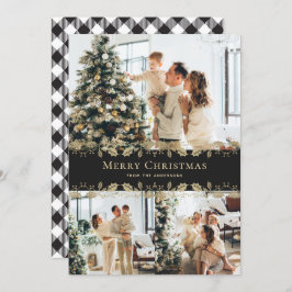 Elegantes Black Gold Holly Kariertes Foto Weihnach Feiertagskarte