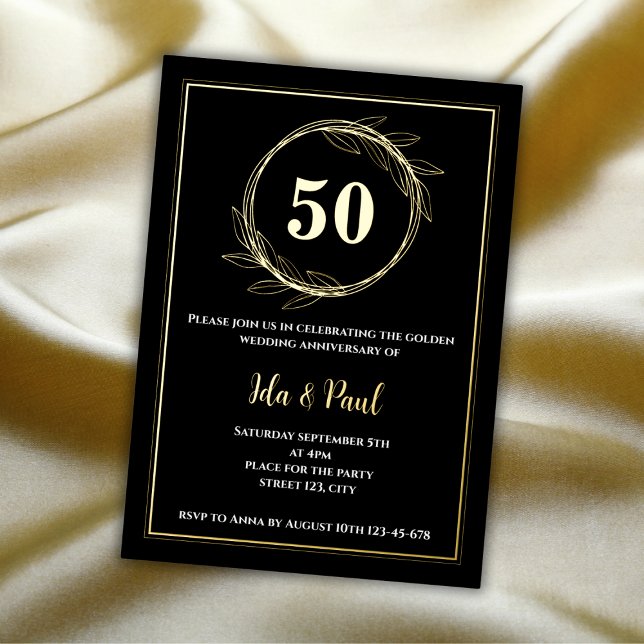 Elegantes Black Gold Leaf 50. Hochzeitstag Folieneinladung (50 wedding anniversary invitation elegant golden leaf black)