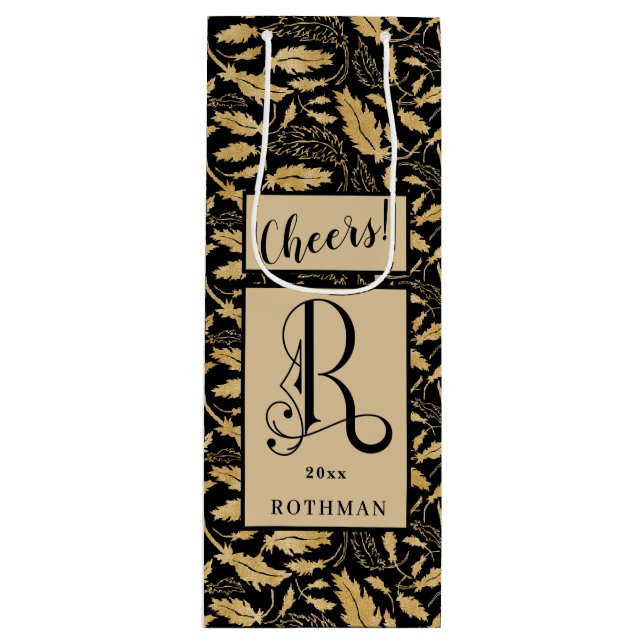 Elegantes Black & Gold Leaf Muster Monogram R Geschenktüte Für Weinflaschen (Vorderseite)