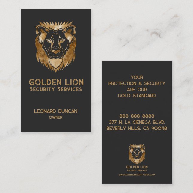 Elegantes Black Gold Löwe Security Services Visitenkarte (Vorne/Hinten)