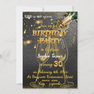 Elegantes Black & Gold mit Champagner 30. Geburtst Einladung