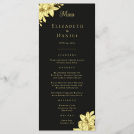 Elegantes Black & Gold mit Lilies Wedding Menü Menükarte
