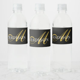 Elegantes Black Gold Monogram Blühe Skript Wasserflaschenetikett