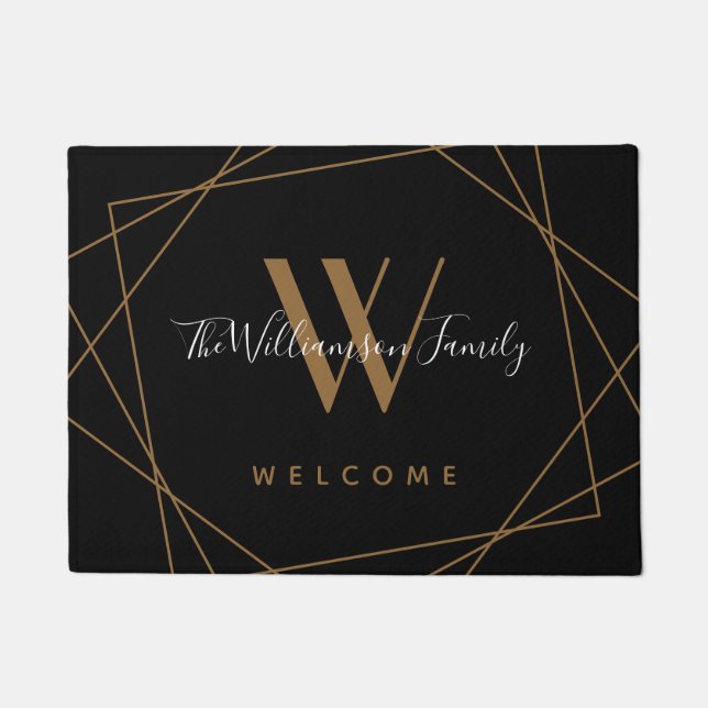Elegantes Black Gold Monogram Familienname Script Fußmatte (Vorderseite)