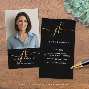 Elegantes Black Gold Monogram Script Foto Visitenkarte