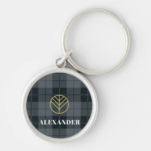 Elegantes Black Gold Monogram Tartan Kariert Schlüsselanhänger (Vorne)