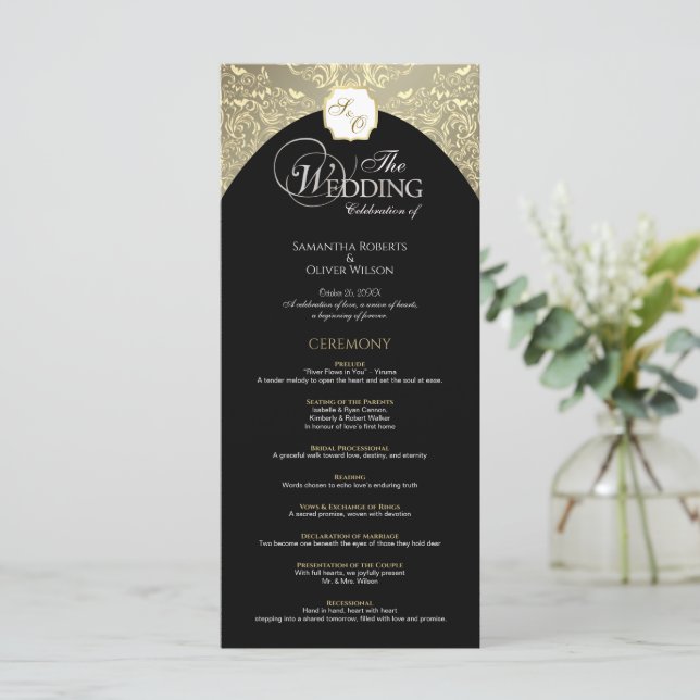 Elegantes Black & Gold Monogram Wedding Programm (Stehend Vorderseite)