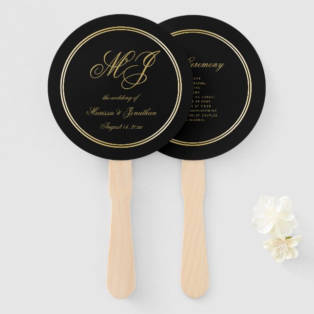 Elegantes Black Gold Monogram Wedding Programm Fächer (Vorne und Hinten)