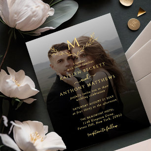 Elegantes Black & Gold Monogram Wreath Foto Hochze Einladung
