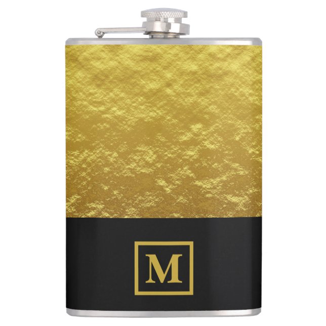 Elegantes Black & Gold Monogramm Flachmann (Vorderseite)