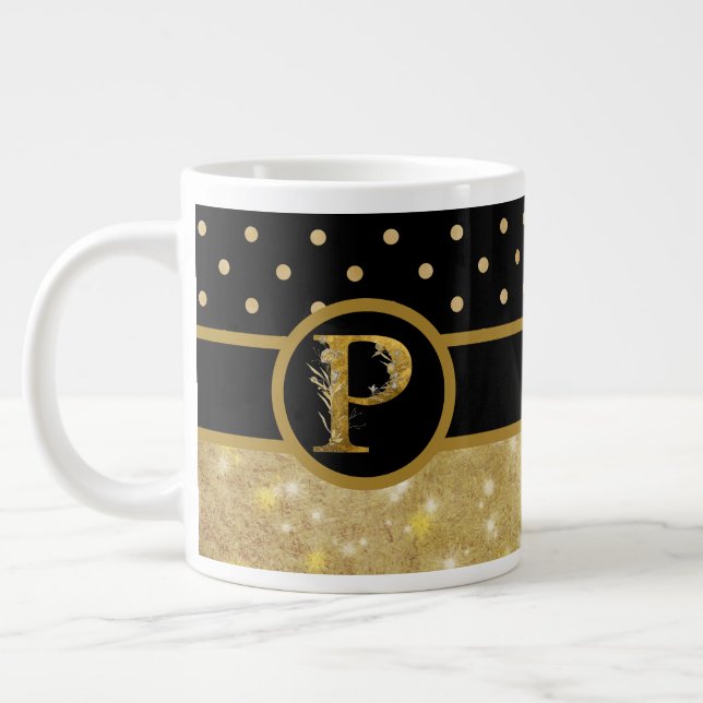 Elegantes Black & Gold Monogramm Jumbo-Tasse (Links)