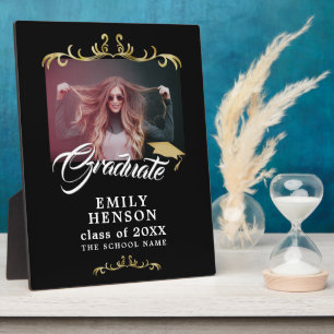 Elegantes Black Gold Ornaments Grad Abschluss Foto Fotoplatte