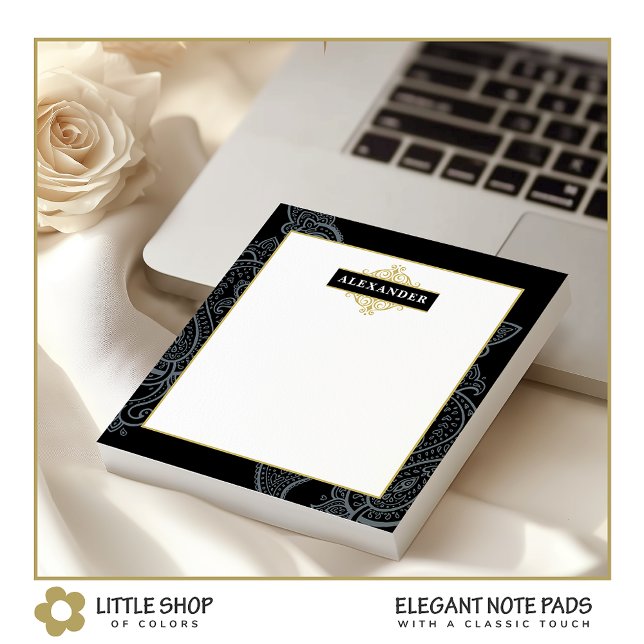 Elegantes Black Gold Paisley individuell anpassbar Notizblock (Von Creator hochgeladen)