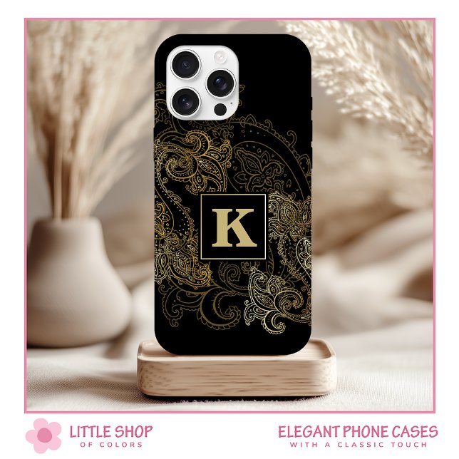 Elegantes Black Gold Paisley Muster Monogram Case-Mate iPhone Hülle (Von Creator hochgeladen)