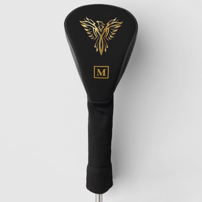 Elegantes Black & Gold Phoenix Rising Monogramm Golf Headcover (Vorderseite)